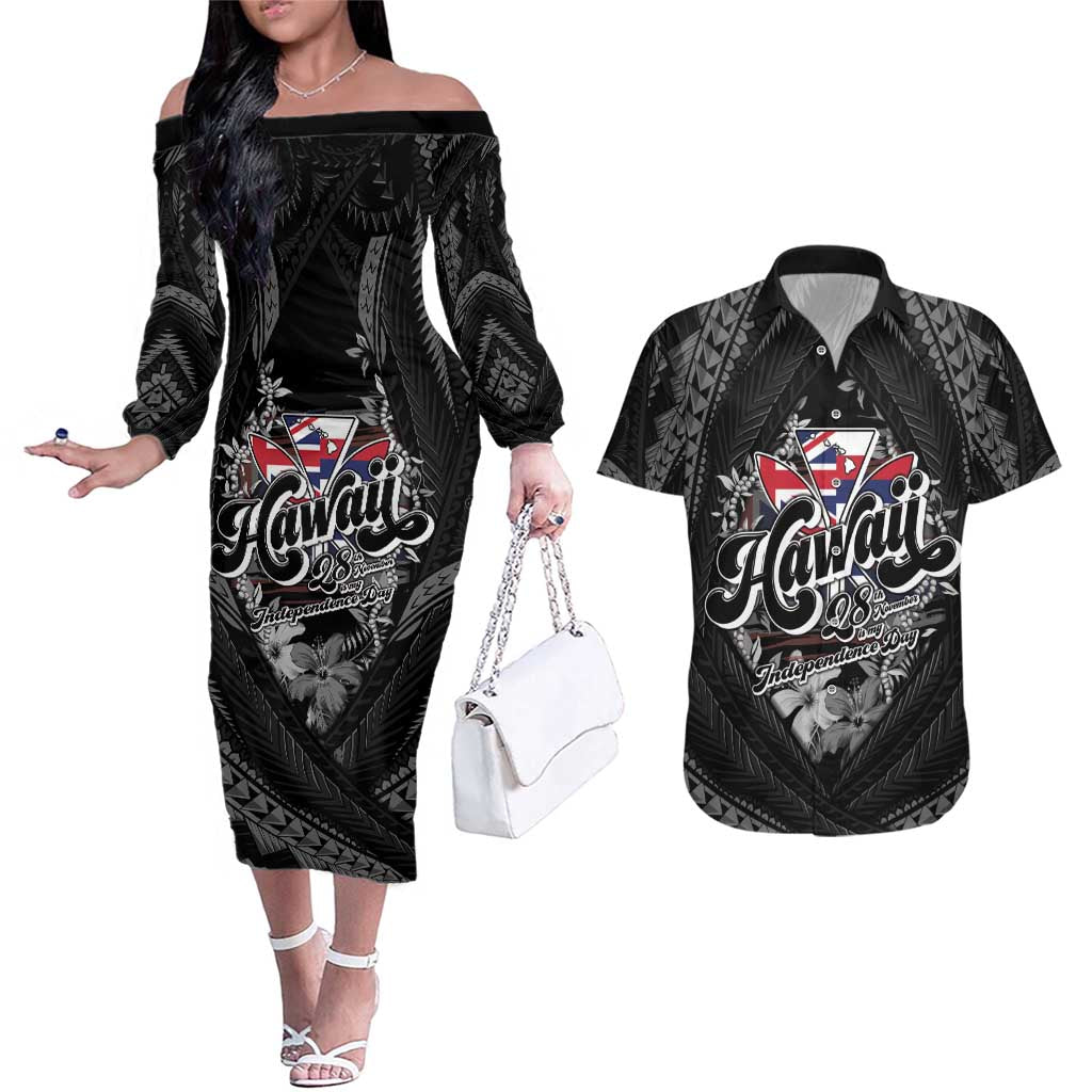 Hawaii November 28th Couples Matching Off The Shoulder Long Sleeve Dress and Hawaiian Shirt Kanaka Maoli Tribal Pattern LT05 Black - Polynesian Pride