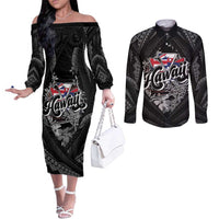 Hawaii November 28th Couples Matching Off The Shoulder Long Sleeve Dress and Long Sleeve Button Shirt Kanaka Maoli Tribal Pattern LT05 Black - Polynesian Pride