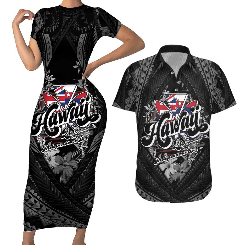 Hawaii November 28th Couples Matching Short Sleeve Bodycon Dress and Hawaiian Shirt Kanaka Maoli Tribal Pattern LT05 Black - Polynesian Pride