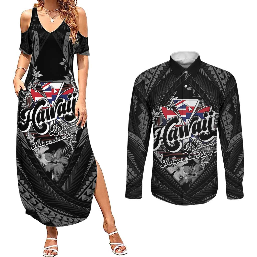 Hawaii November 28th Couples Matching Summer Maxi Dress and Long Sleeve Button Shirt Kanaka Maoli Tribal Pattern LT05 Black - Polynesian Pride