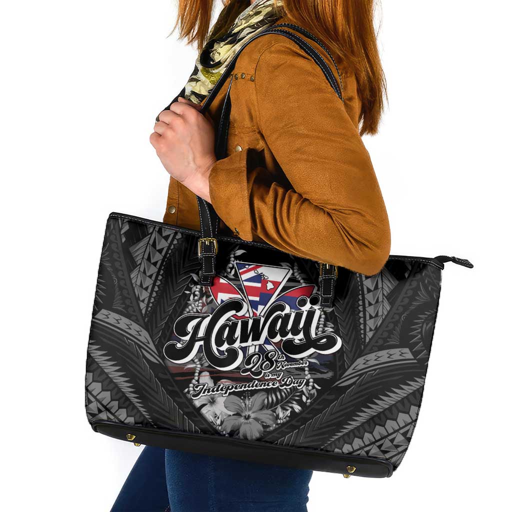 Hawaii November 28th Leather Tote Bag Kanaka Maoli Tribal Pattern LT05 Black - Polynesian Pride