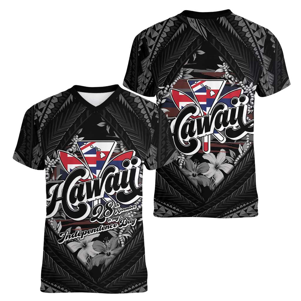Hawaii November 28th Women V-Neck T-Shirt Kanaka Maoli Tribal Pattern - Polynesian Pride