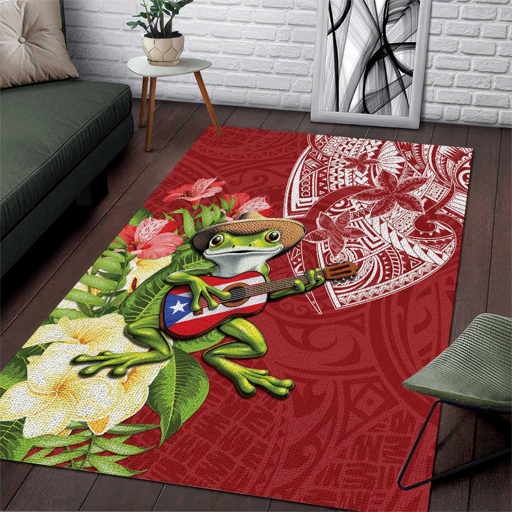 Puerto Rico Coqui Frog Area Rug Tropical Flowers Polynesian Style LT05 Red - Polynesian Pride
