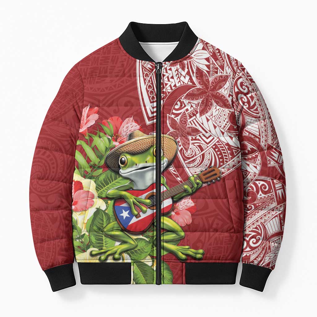 Puerto Rico Coqui Frog Bomber Puffer Jacket Tropical Flowers Polynesian Style LT05 Unisex Red - Polynesian Pride