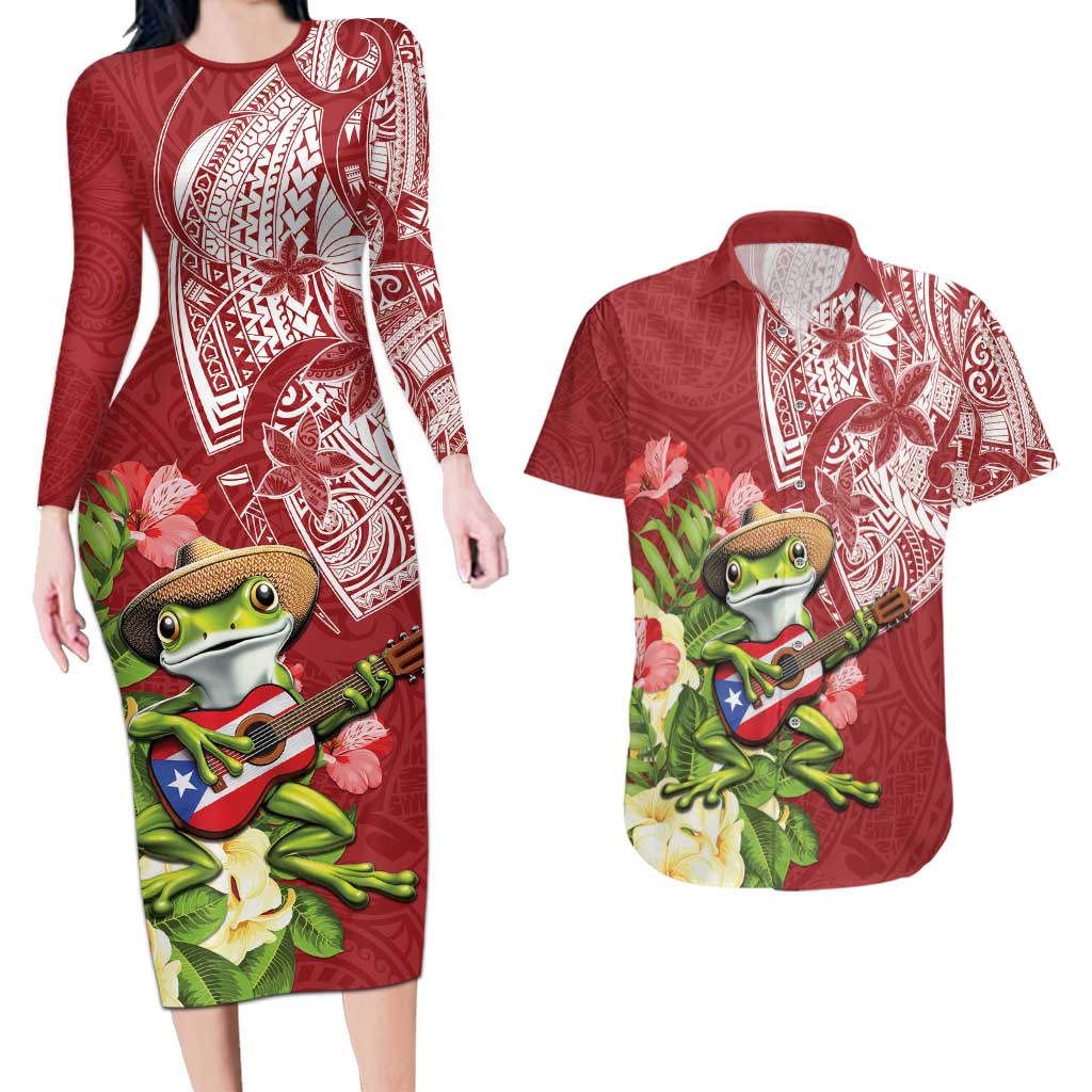Puerto Rico Coqui Frog Couples Matching Long Sleeve Bodycon Dress and Hawaiian Shirt Tropical Flowers Polynesian Style LT05 Red - Polynesian Pride