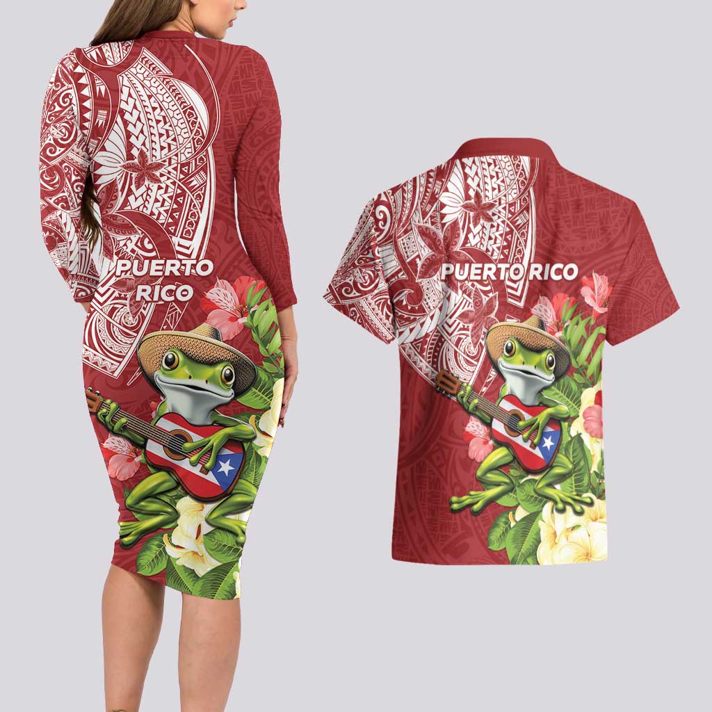 Puerto Rico Coqui Frog Couples Matching Long Sleeve Bodycon Dress and Hawaiian Shirt Tropical Flowers Polynesian Style LT05 - Polynesian Pride