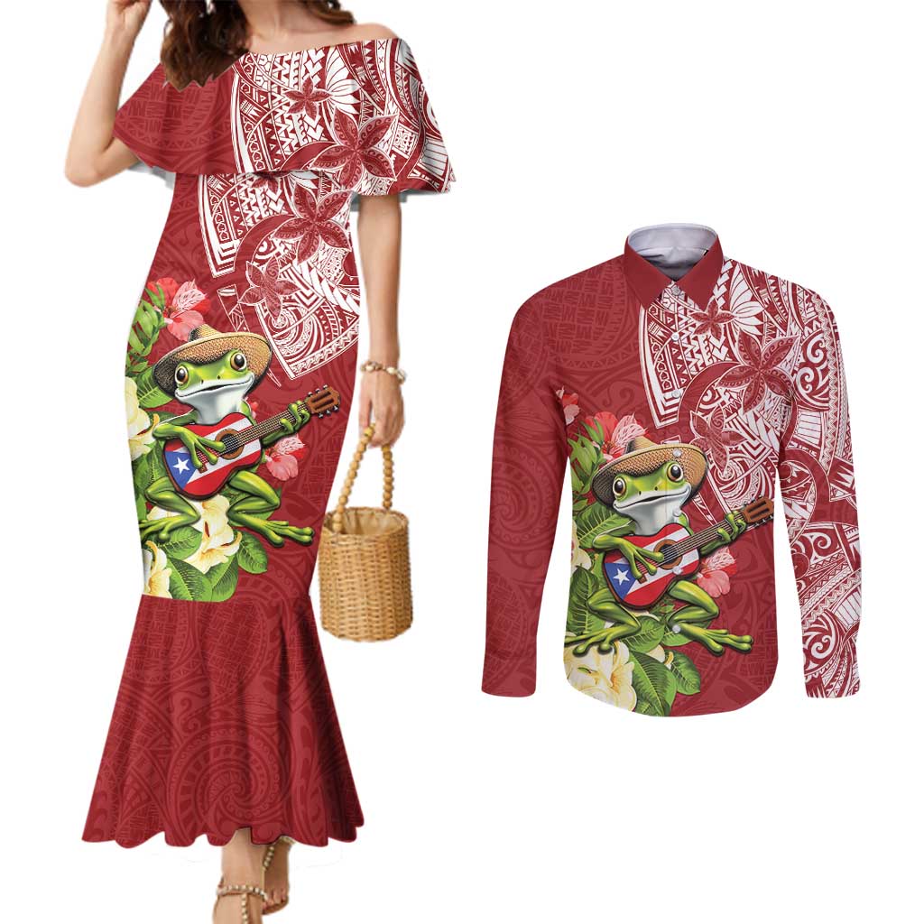Puerto Rico Coqui Frog Couples Matching Mermaid Dress and Long Sleeve Button Shirt Tropical Flowers Polynesian Style LT05 Red - Polynesian Pride