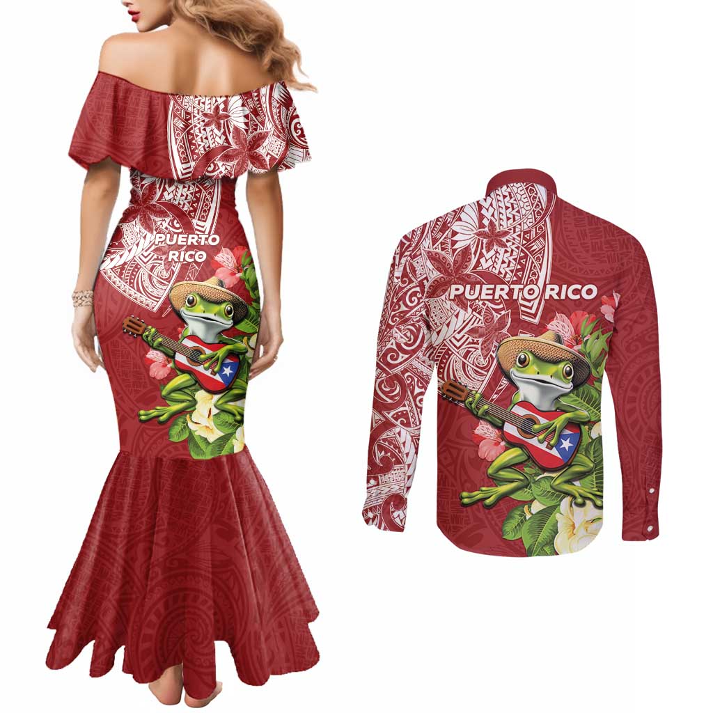 Puerto Rico Coqui Frog Couples Matching Mermaid Dress and Long Sleeve Button Shirt Tropical Flowers Polynesian Style LT05 - Polynesian Pride