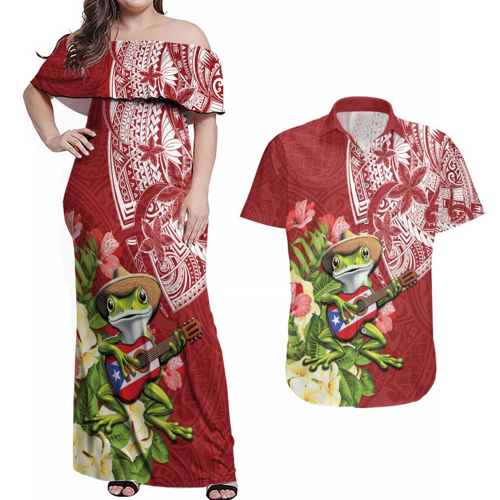 Puerto Rico Coqui Frog Couples Matching Off Shoulder Maxi Dress and Hawaiian Shirt Tropical Flowers Polynesian Style LT05 Red - Polynesian Pride