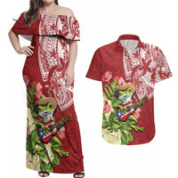 Puerto Rico Coqui Frog Couples Matching Off Shoulder Maxi Dress and Hawaiian Shirt Tropical Flowers Polynesian Style LT05 Red - Polynesian Pride