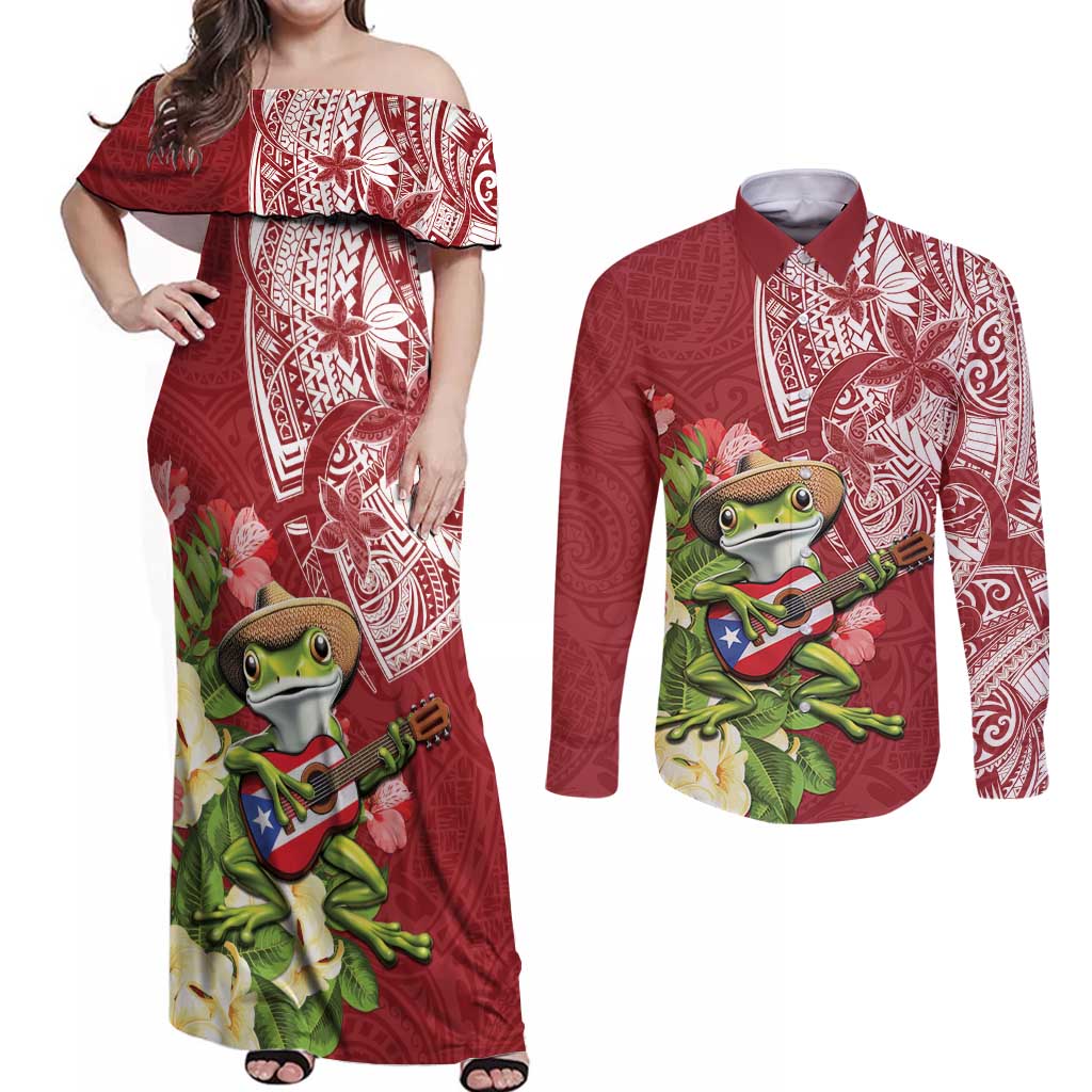 Puerto Rico Coqui Frog Couples Matching Off Shoulder Maxi Dress and Long Sleeve Button Shirt Tropical Flowers Polynesian Style LT05 Red - Polynesian Pride