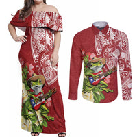Puerto Rico Coqui Frog Couples Matching Off Shoulder Maxi Dress and Long Sleeve Button Shirt Tropical Flowers Polynesian Style LT05 Red - Polynesian Pride