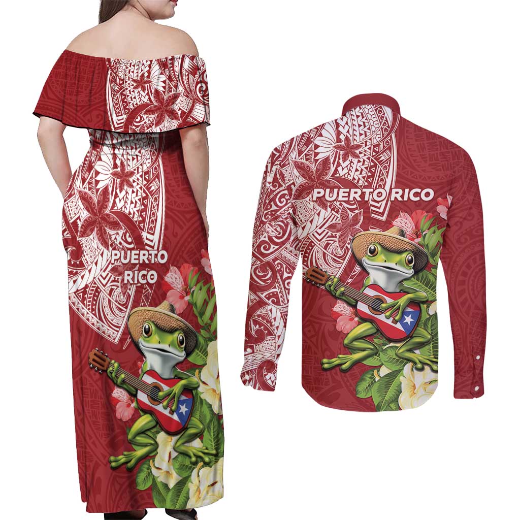 Puerto Rico Coqui Frog Couples Matching Off Shoulder Maxi Dress and Long Sleeve Button Shirt Tropical Flowers Polynesian Style LT05 - Polynesian Pride