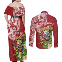 Puerto Rico Coqui Frog Couples Matching Off Shoulder Maxi Dress and Long Sleeve Button Shirt Tropical Flowers Polynesian Style LT05 - Polynesian Pride