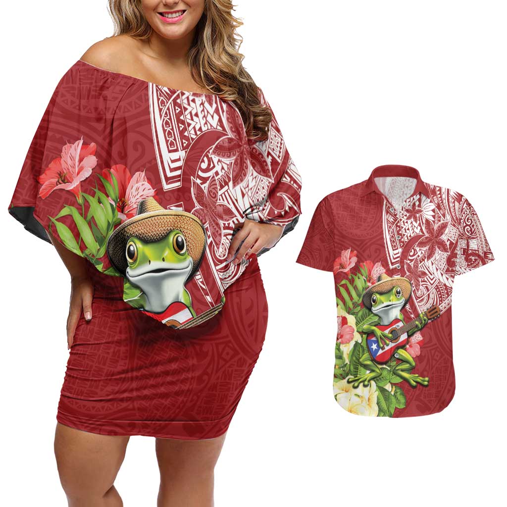 Puerto Rico Coqui Frog Couples Matching Off Shoulder Short Dress and Hawaiian Shirt Tropical Flowers Polynesian Style LT05 Red - Polynesian Pride
