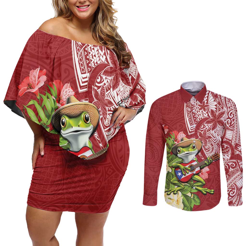 Puerto Rico Coqui Frog Couples Matching Off Shoulder Short Dress and Long Sleeve Button Shirt Tropical Flowers Polynesian Style LT05 Red - Polynesian Pride