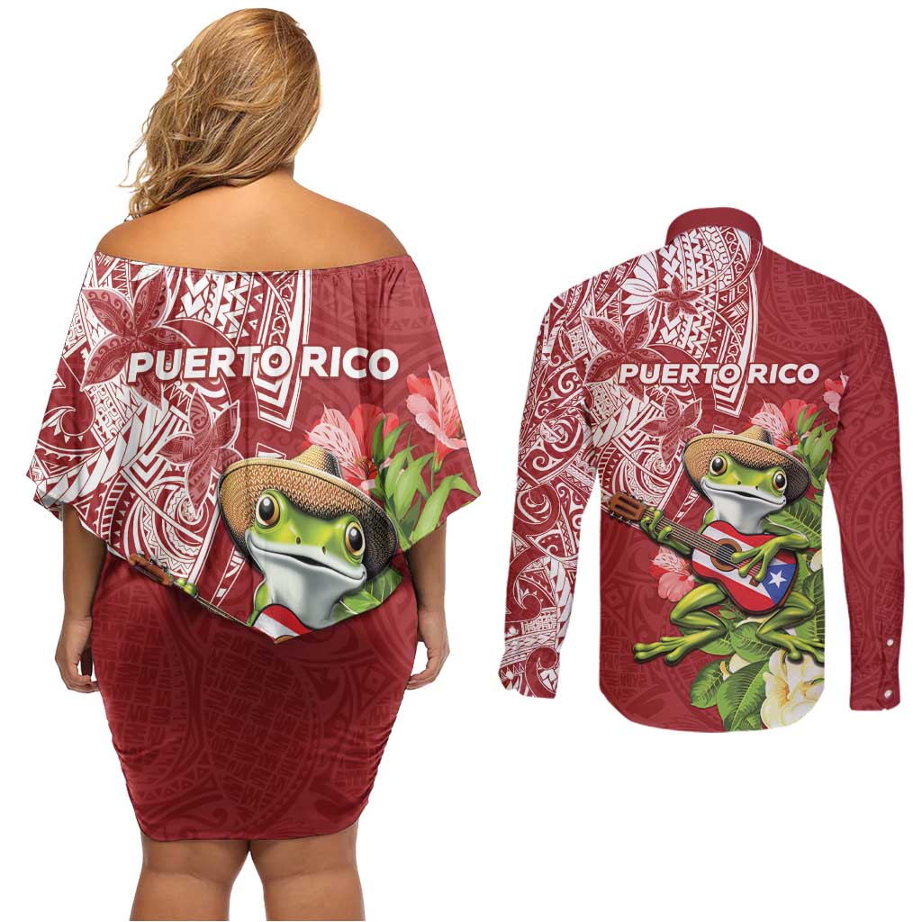 Puerto Rico Coqui Frog Couples Matching Off Shoulder Short Dress and Long Sleeve Button Shirt Tropical Flowers Polynesian Style LT05 - Polynesian Pride