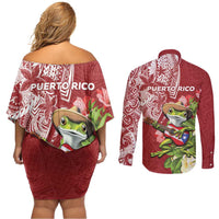 Puerto Rico Coqui Frog Couples Matching Off Shoulder Short Dress and Long Sleeve Button Shirt Tropical Flowers Polynesian Style LT05 - Polynesian Pride