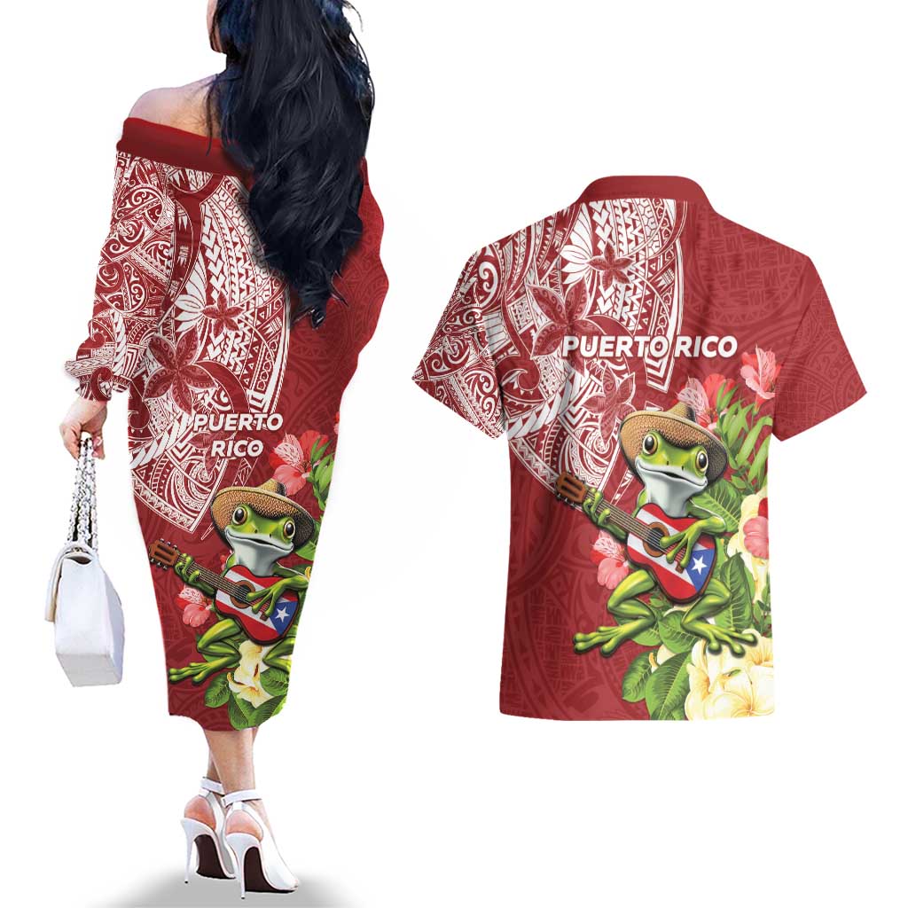 Puerto Rico Coqui Frog Couples Matching Off The Shoulder Long Sleeve Dress and Hawaiian Shirt Tropical Flowers Polynesian Style LT05 - Polynesian Pride