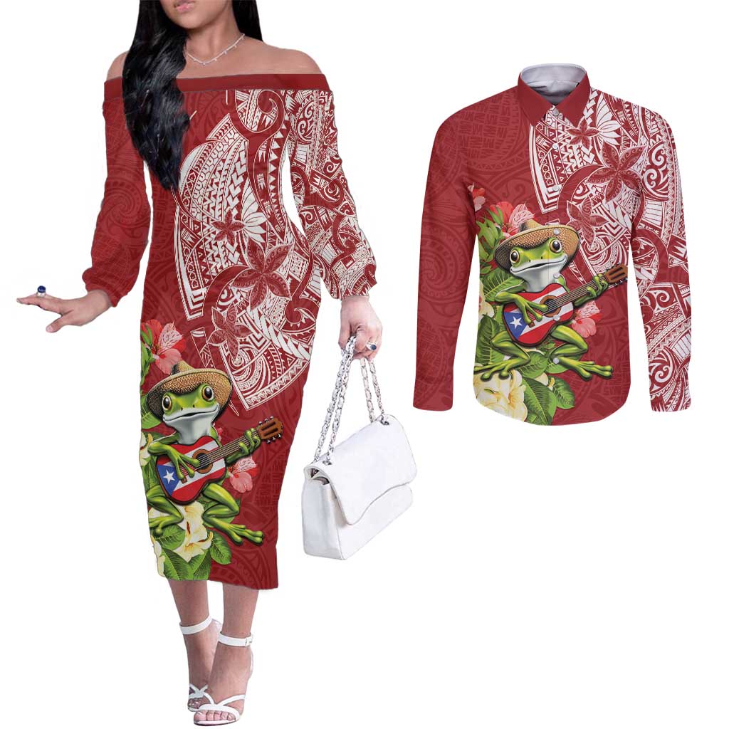 Puerto Rico Coqui Frog Couples Matching Off The Shoulder Long Sleeve Dress and Long Sleeve Button Shirt Tropical Flowers Polynesian Style LT05 Red - Polynesian Pride