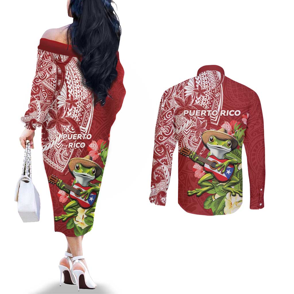 Puerto Rico Coqui Frog Couples Matching Off The Shoulder Long Sleeve Dress and Long Sleeve Button Shirt Tropical Flowers Polynesian Style LT05 - Polynesian Pride