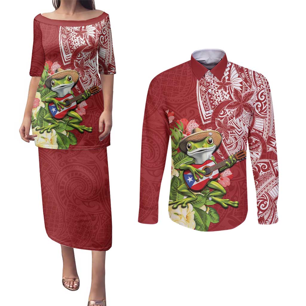 Puerto Rico Coqui Frog Couples Matching Puletasi and Long Sleeve Button Shirt Tropical Flowers Polynesian Style LT05 Red - Polynesian Pride