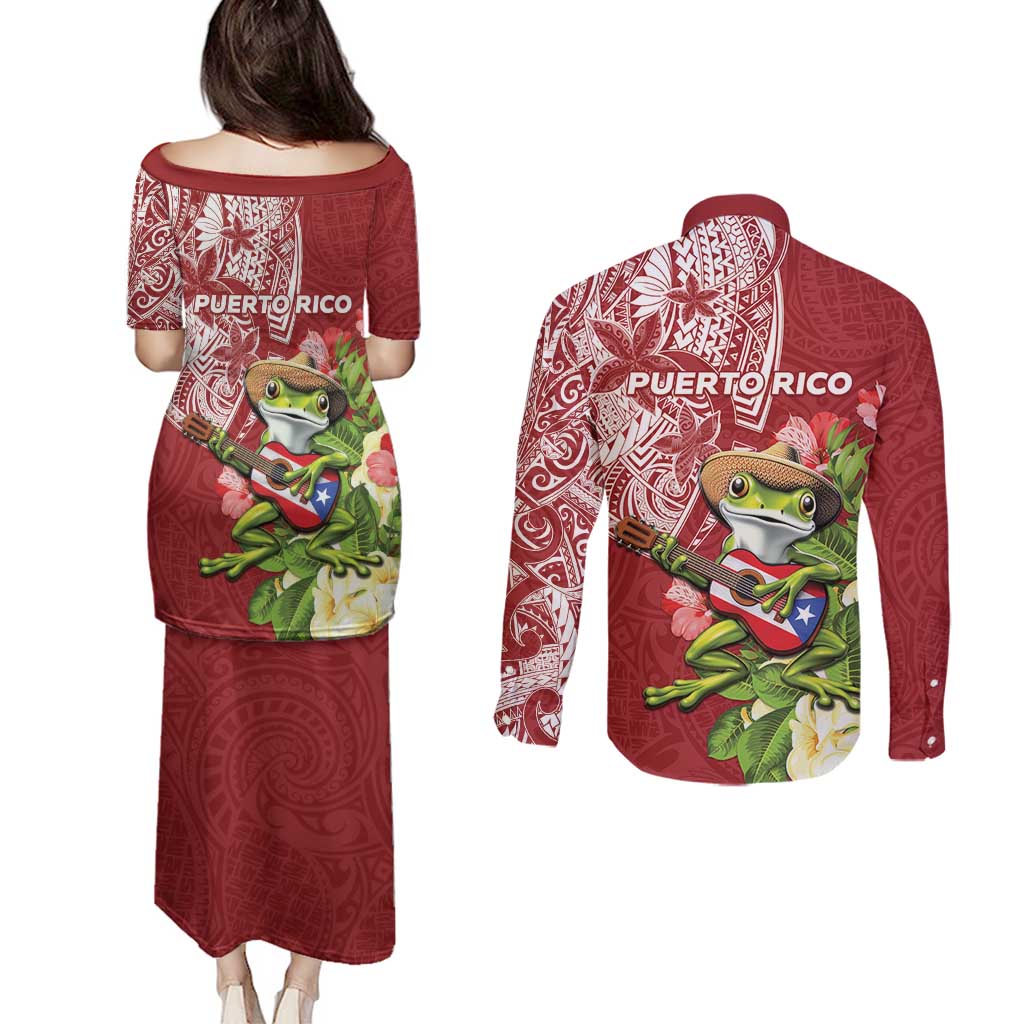 Puerto Rico Coqui Frog Couples Matching Puletasi and Long Sleeve Button Shirt Tropical Flowers Polynesian Style LT05 - Polynesian Pride