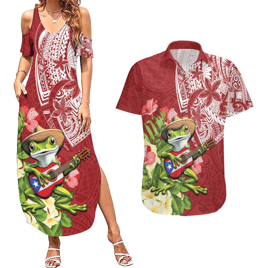 Puerto Rico Coqui Frog Couples Matching Summer Maxi Dress and Hawaiian Shirt Tropical Flowers Polynesian Style LT05 Red - Polynesian Pride