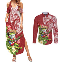 Puerto Rico Coqui Frog Couples Matching Summer Maxi Dress and Long Sleeve Button Shirt Tropical Flowers Polynesian Style LT05 Red - Polynesian Pride