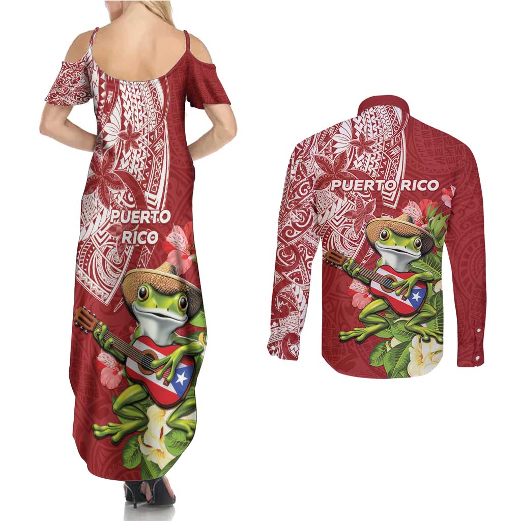 Puerto Rico Coqui Frog Couples Matching Summer Maxi Dress and Long Sleeve Button Shirt Tropical Flowers Polynesian Style LT05 - Polynesian Pride