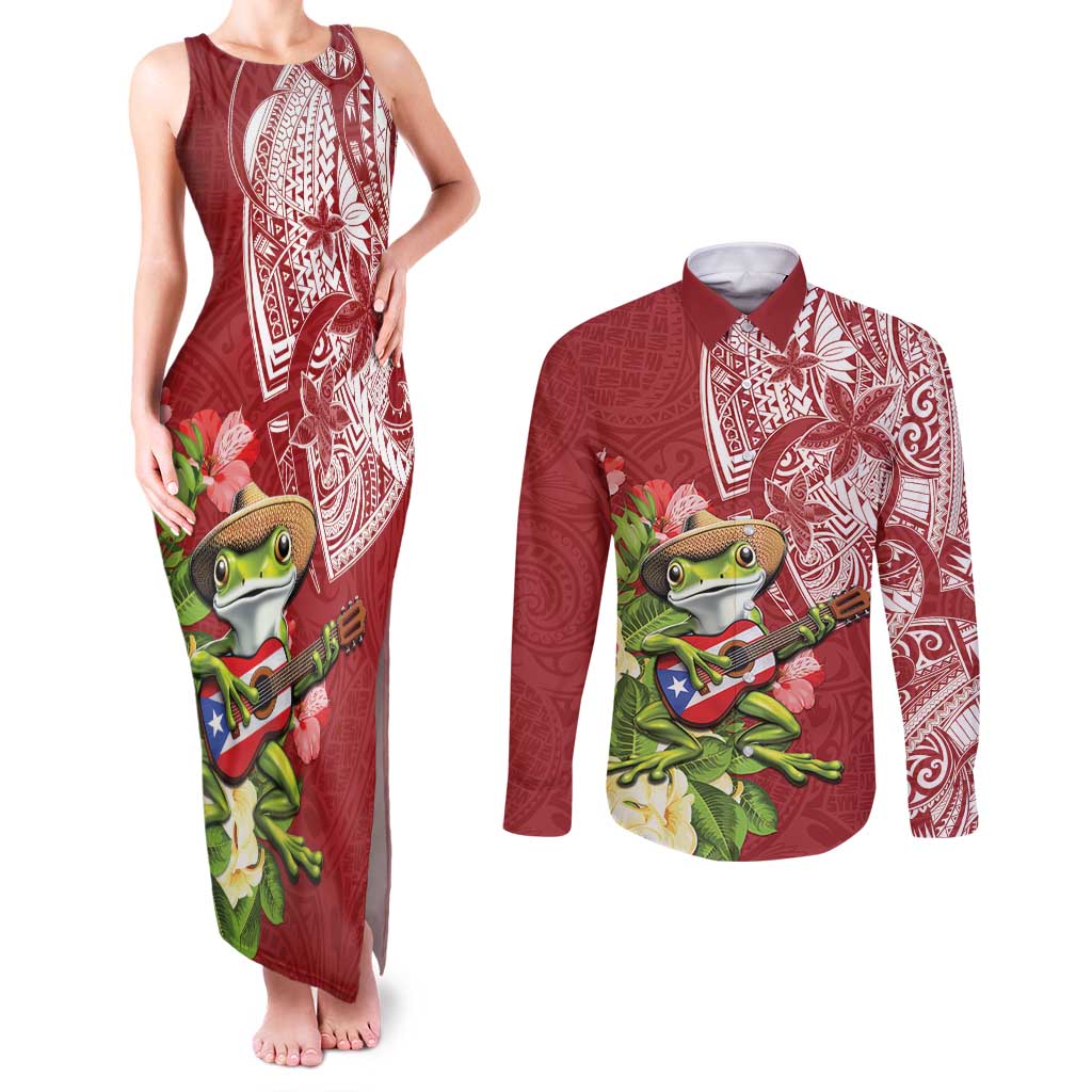 Puerto Rico Coqui Frog Couples Matching Tank Maxi Dress and Long Sleeve Button Shirt Tropical Flowers Polynesian Style LT05 Red - Polynesian Pride