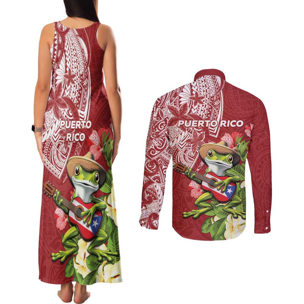 Puerto Rico Coqui Frog Couples Matching Tank Maxi Dress and Long Sleeve Button Shirt Tropical Flowers Polynesian Style LT05 - Polynesian Pride