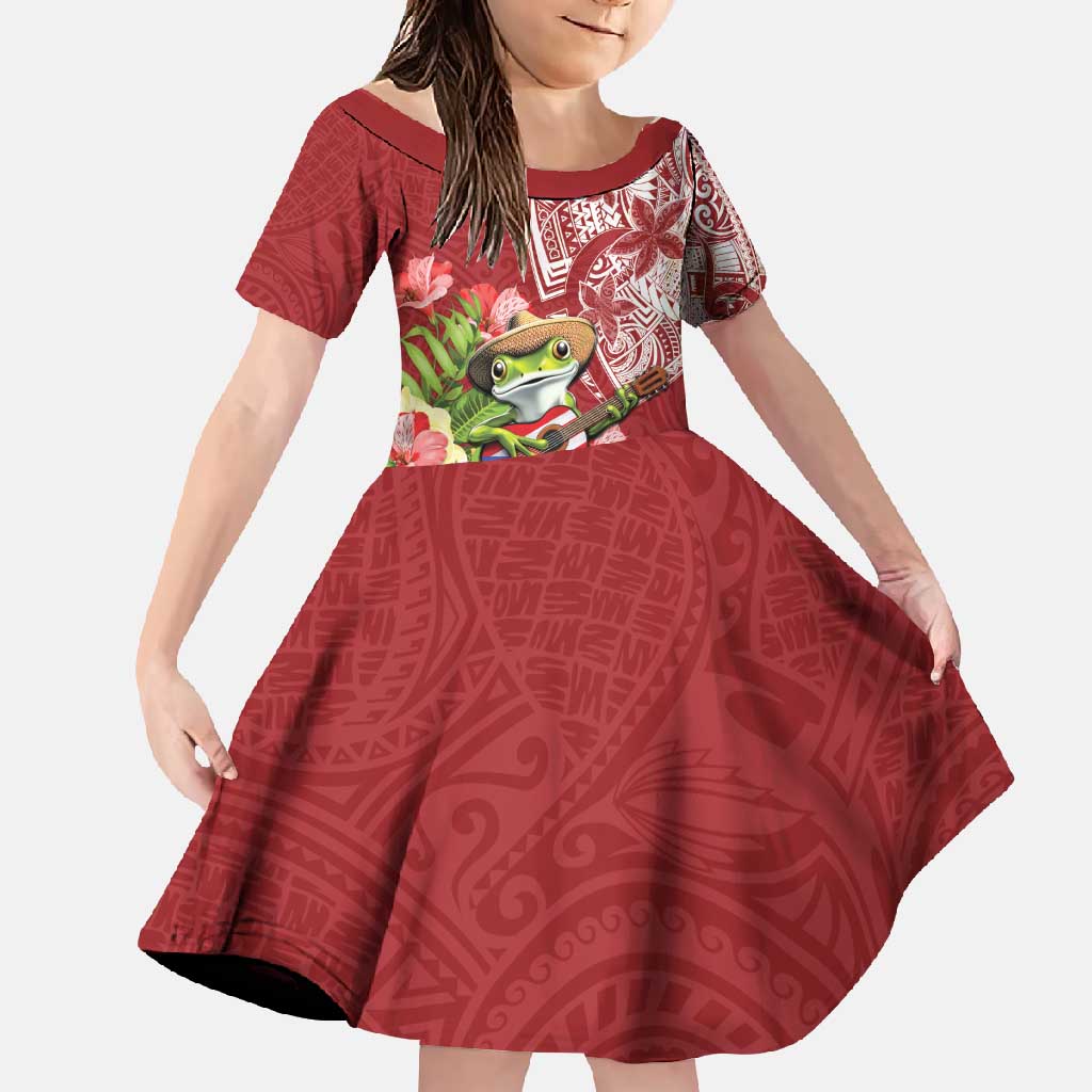 Puerto Rico Coqui Frog Family Matching Mermaid Dress and Hawaiian Shirt Tropical Flowers Polynesian Style LT05 Daughter's Dress Red - Polynesian Pride