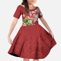 Puerto Rico Coqui Frog Family Matching Off Shoulder Maxi Dress and Hawaiian Shirt Tropical Flowers Polynesian Style LT05 Daughter's Dress Red - Polynesian Pride