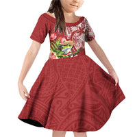 Puerto Rico Coqui Frog Family Matching Off Shoulder Short Dress and Hawaiian Shirt Tropical Flowers Polynesian Style LT05 Daughter's Dress Red - Polynesian Pride
