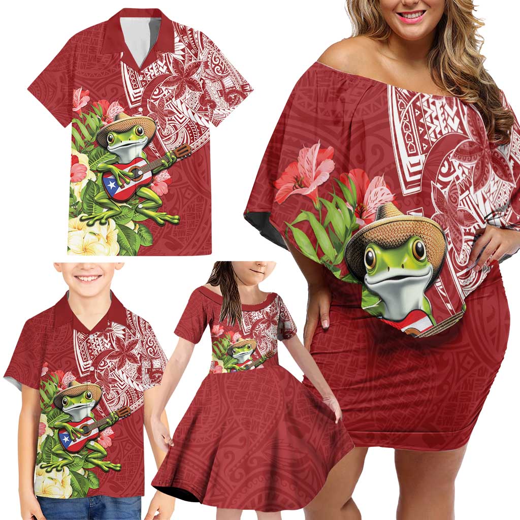 Puerto Rico Coqui Frog Family Matching Off Shoulder Short Dress and Hawaiian Shirt Tropical Flowers Polynesian Style LT05 - Polynesian Pride
