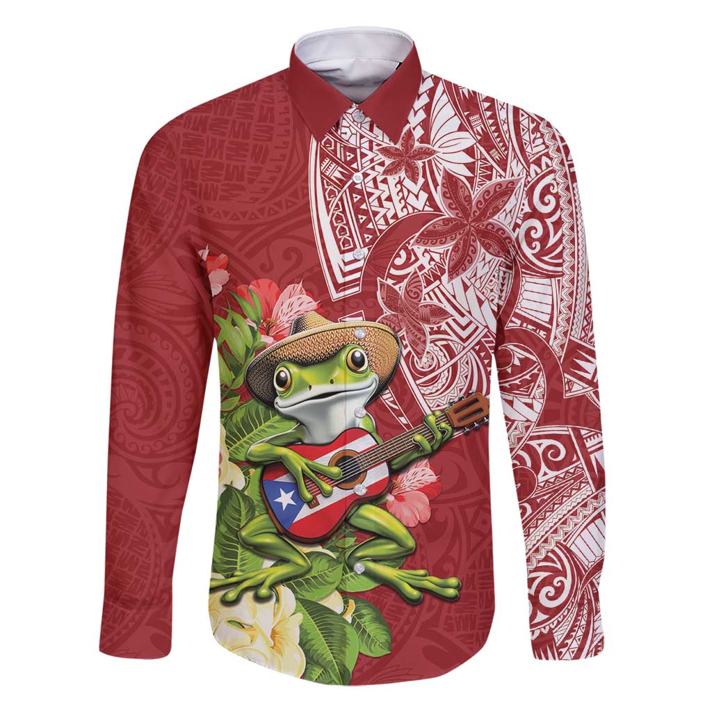 Puerto Rico Coqui Frog Family Matching Off Shoulder Short Dress and Hawaiian Shirt Tropical Flowers Polynesian Style LT05 Dad's Shirt - Long Sleeve Red - Polynesian Pride