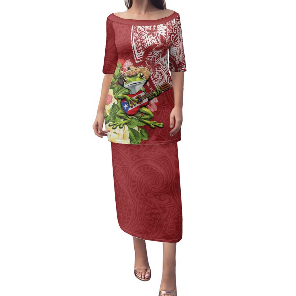 Puerto Rico Coqui Frog Family Matching Puletasi and Hawaiian Shirt Tropical Flowers Polynesian Style LT05 Mom's Dress Red - Polynesian Pride