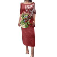 Puerto Rico Coqui Frog Family Matching Puletasi and Hawaiian Shirt Tropical Flowers Polynesian Style LT05 Mom's Dress Red - Polynesian Pride