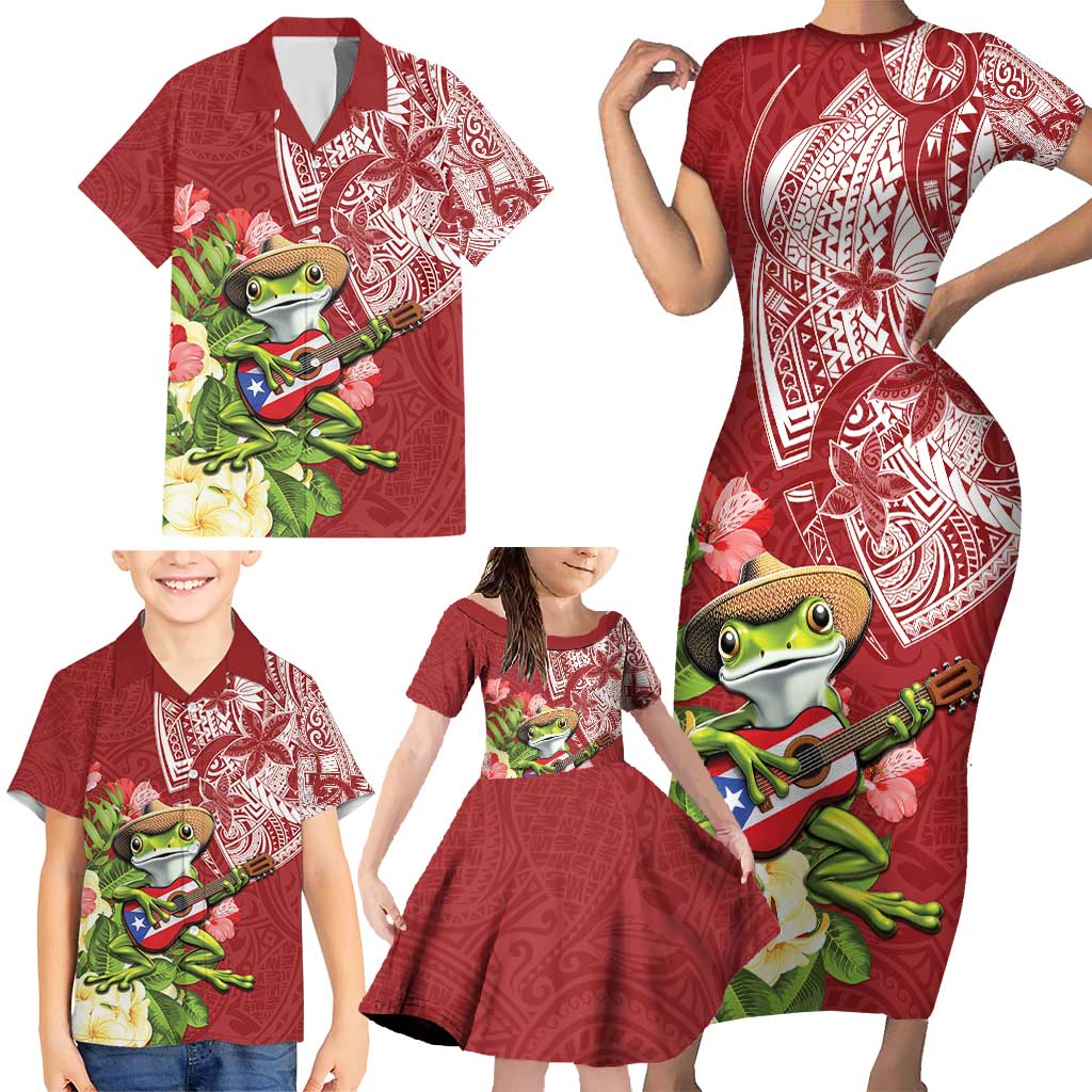 Puerto Rico Coqui Frog Family Matching Short Sleeve Bodycon Dress and Hawaiian Shirt Tropical Flowers Polynesian Style LT05 - Polynesian Pride