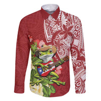 Puerto Rico Coqui Frog Family Matching Short Sleeve Bodycon Dress and Hawaiian Shirt Tropical Flowers Polynesian Style LT05 Dad's Shirt - Long Sleeve Red - Polynesian Pride