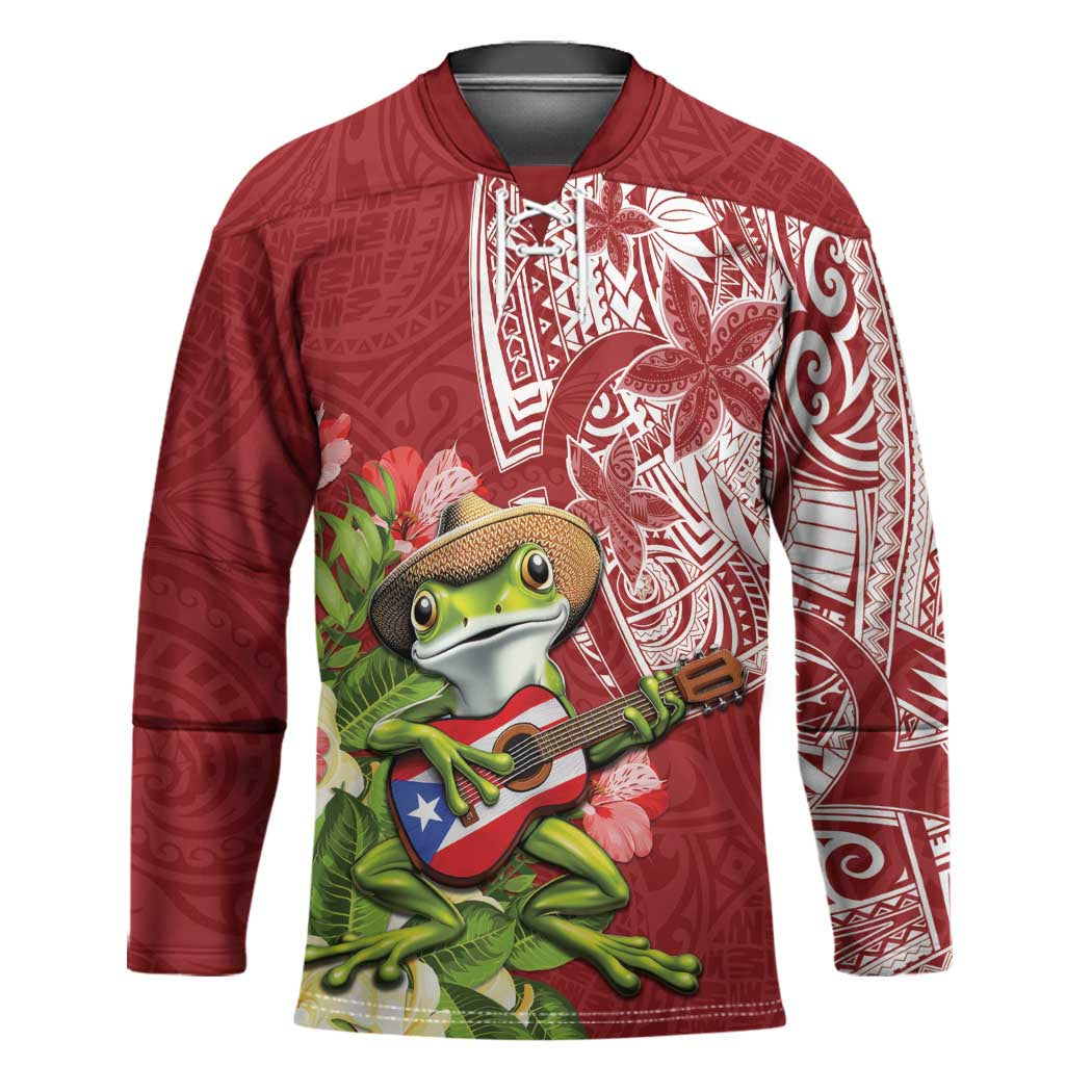 Puerto Rico Coqui Frog Hockey Jersey Tropical Flowers Polynesian Style - Polynesian Pride