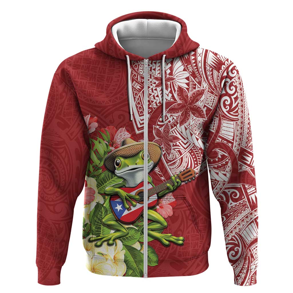 Puerto Rico Coqui Frog Hoodie Tropical Flowers Polynesian Style LT05 Zip Hoodie Red - Polynesian Pride
