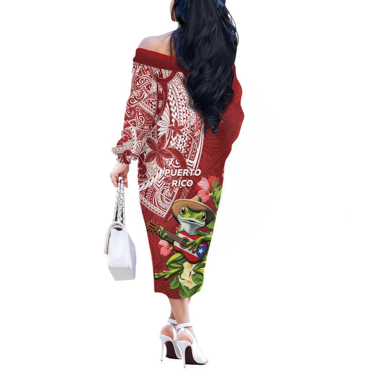 Puerto Rico Coqui Frog Off The Shoulder Long Sleeve Dress Tropical Flowers Polynesian Style LT05 - Polynesian Pride