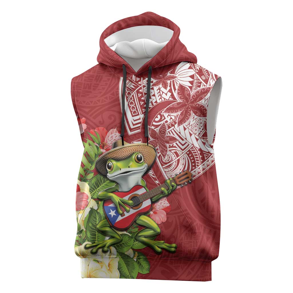 Puerto Rico Coqui Frog Sleeveless Hoodie Tropical Flowers Polynesian Style LT05 Red - Polynesian Pride