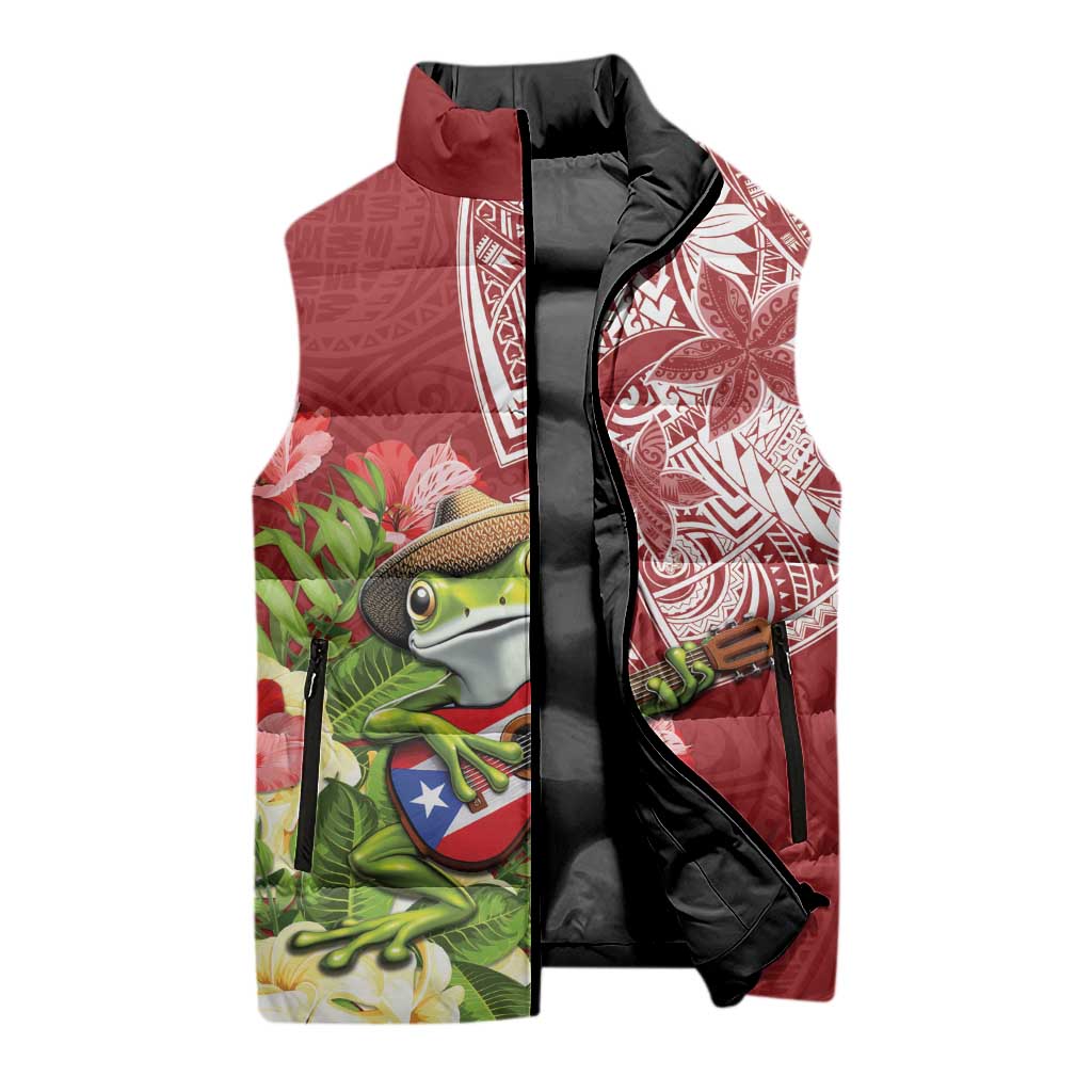 Puerto Rico Coqui Frog Sleeveless Puffer Jacket Tropical Flowers Polynesian Style - Polynesian Pride