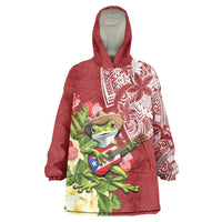 Puerto Rico Coqui Frog Wearable Blanket Hoodie Tropical Flowers Polynesian Style LT05 One Size Red - Polynesian Pride
