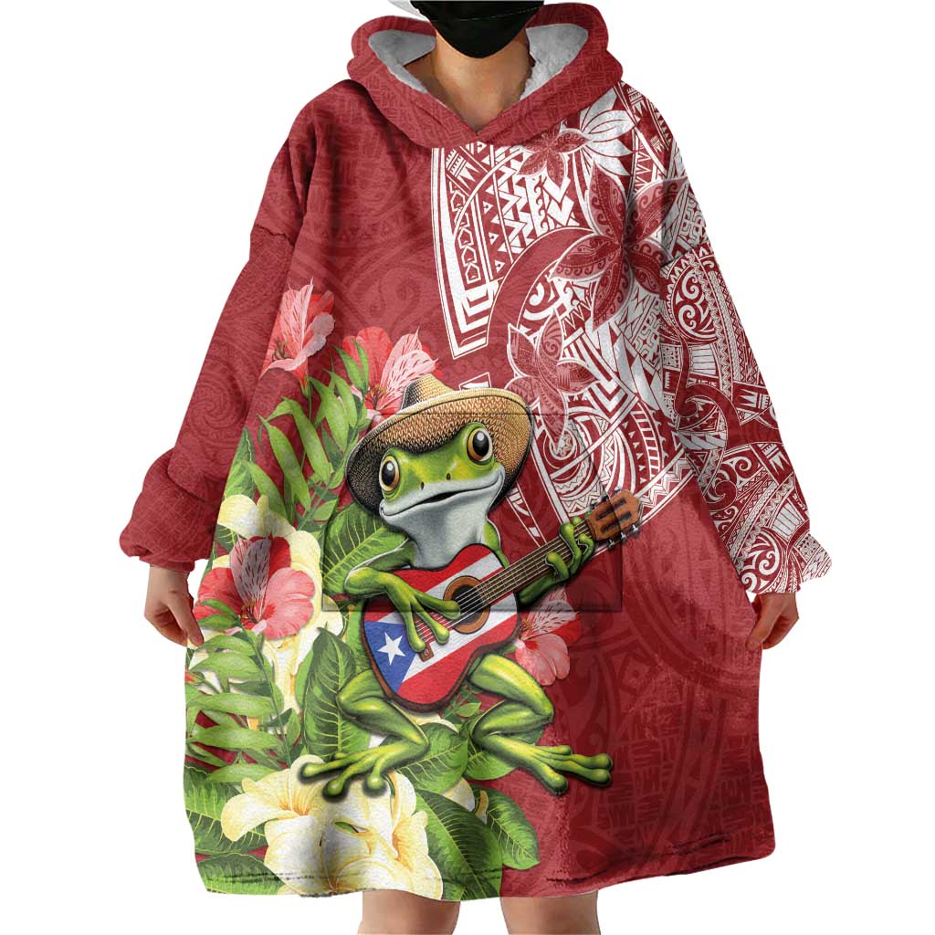 Puerto Rico Coqui Frog Wearable Blanket Hoodie Tropical Flowers Polynesian Style LT05 - Polynesian Pride