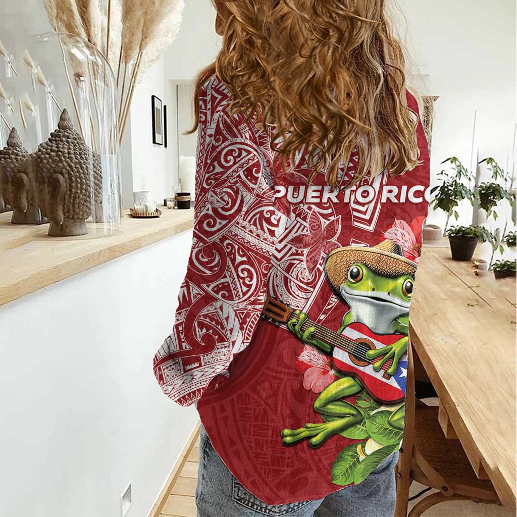 Puerto Rico Coqui Frog Women Casual Shirt Tropical Flowers Polynesian Style LT05 - Polynesian Pride