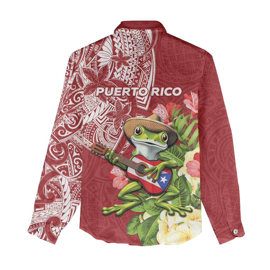 Puerto Rico Coqui Frog Women Casual Shirt Tropical Flowers Polynesian Style LT05 - Polynesian Pride
